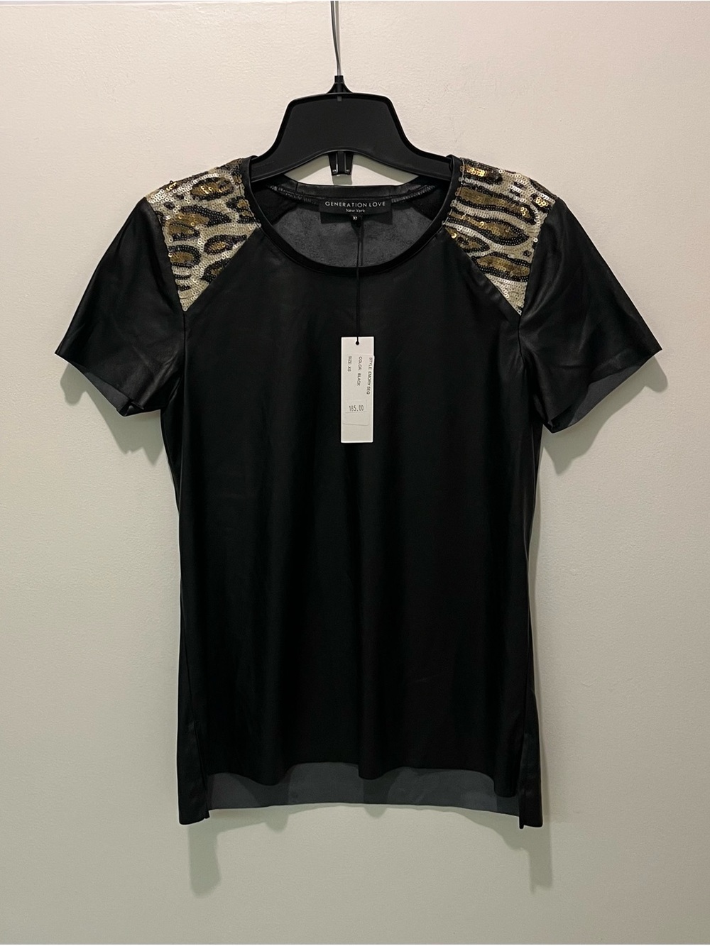 Generation Love Short Sleeve Vegan Leather Shirt / Gold Sequin Leopard Shoulders